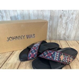 Johnny Was Beatriz Black Leather‎ Aztec Embroidered Cross Band Sandals size 38